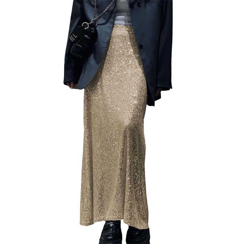 Sequin Long Skirts for Women Solid Color Elastic High Waist Skirt Fashion Elegant Ladies Evening Party Skirt Clubwear