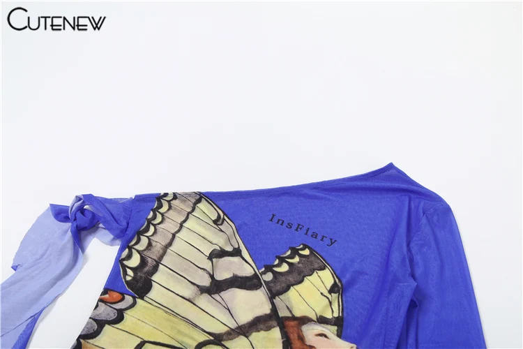 Mesh Women Tops Butterfly Printed Fashion Incline Shoulder Ribbons Sheer Thin Fitness T-shirts Female Summer Street Tees