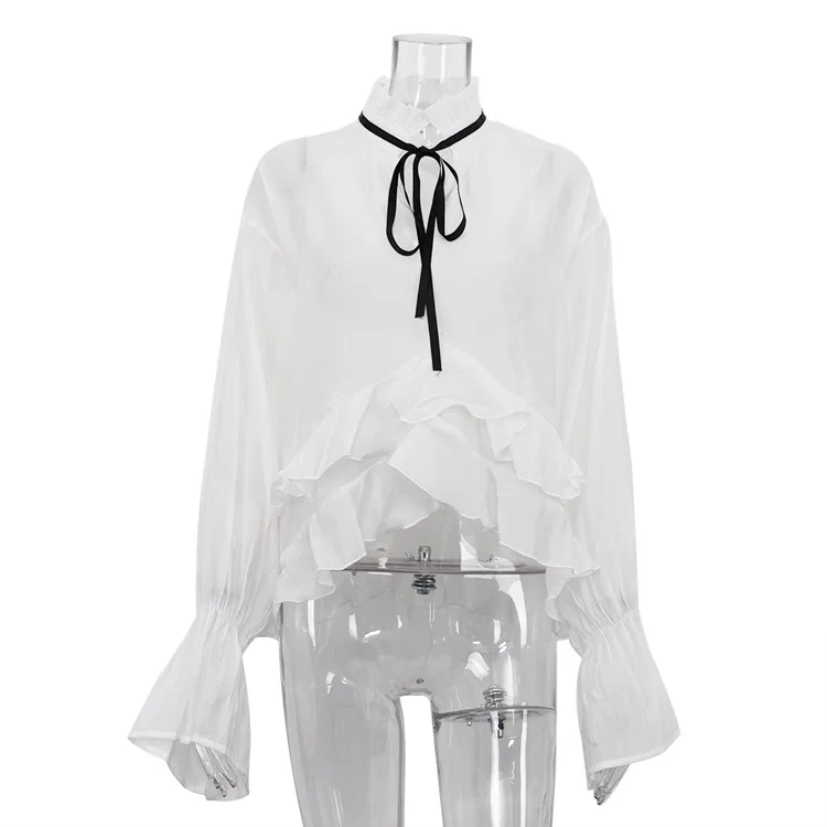 Bandage See-Through Chiffon Shirts Pullover For Women Cover up Patchwork Fashion Summer Lace-Up Women's Blouse Top