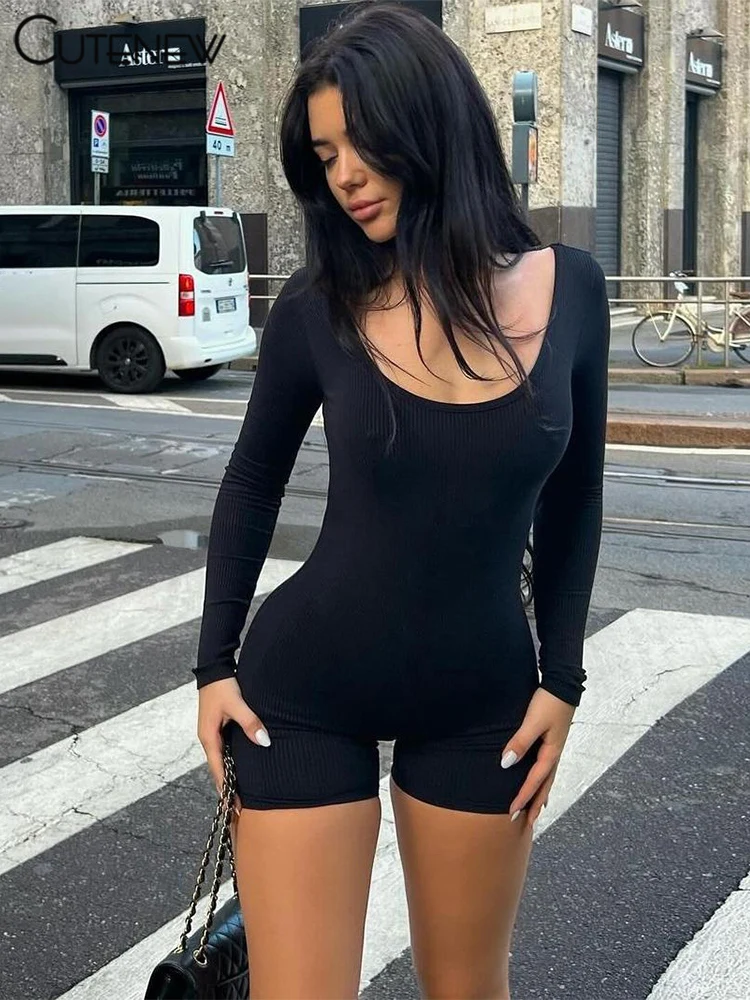 Casual Ribbed Women Playsuits Fashion Solid Autumn Full Sleeve Crew Neck Stretch Slim Rompers Female Gym Track One Piece