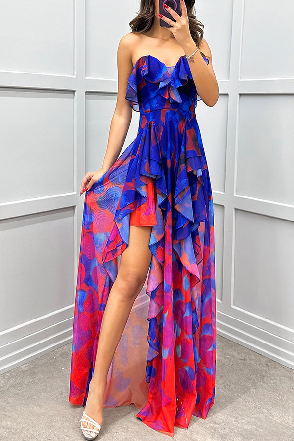 Fashionable party gradient unique printed flowing layered pleated strapless slim fit long skirt