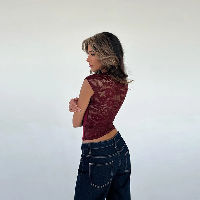 Sexy Hollow Out Printed Y2k Top Pullover For Women See-Through Slim Cropped Patchwork Contrast Streetwear Female Tank Top