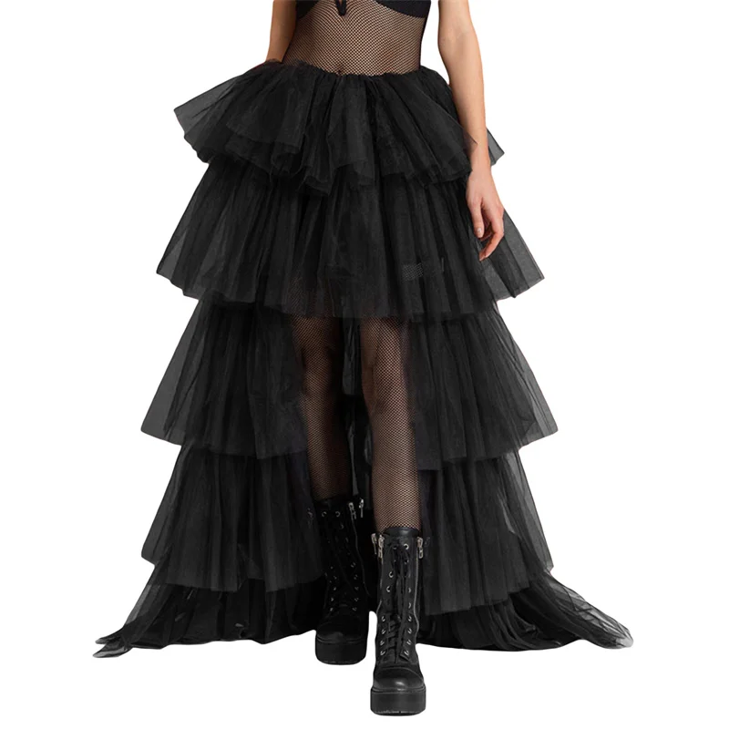 Tulle Skirts Women y2k Solid Color Elastic High Waist Asymmetrical Hem Long Skirts Summer Evening Party Skirt Clubwear