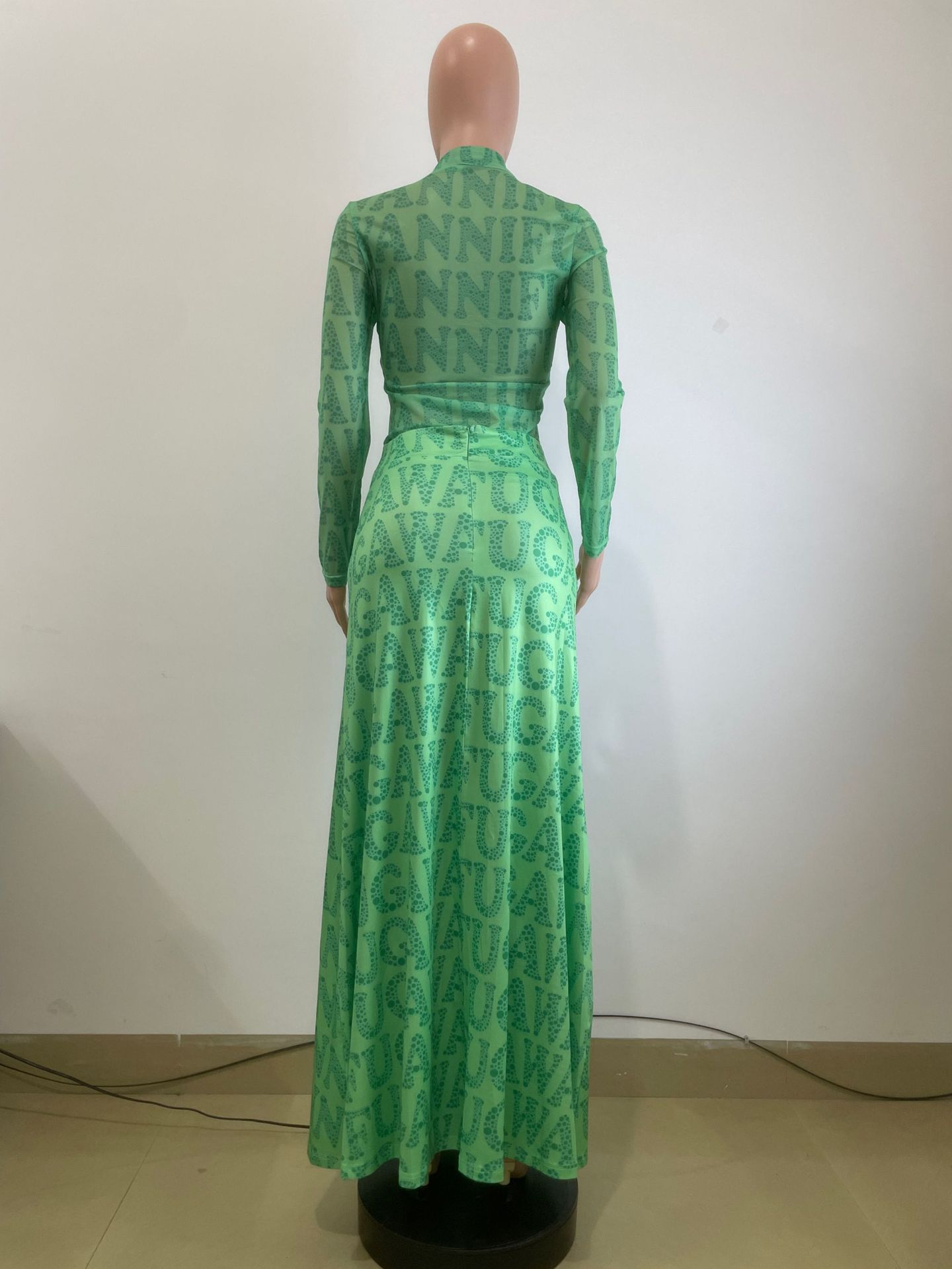 Women Clothing Autumn Winter Mesh Top Pleating Slim Fit Maxi Dress Two Piece Set