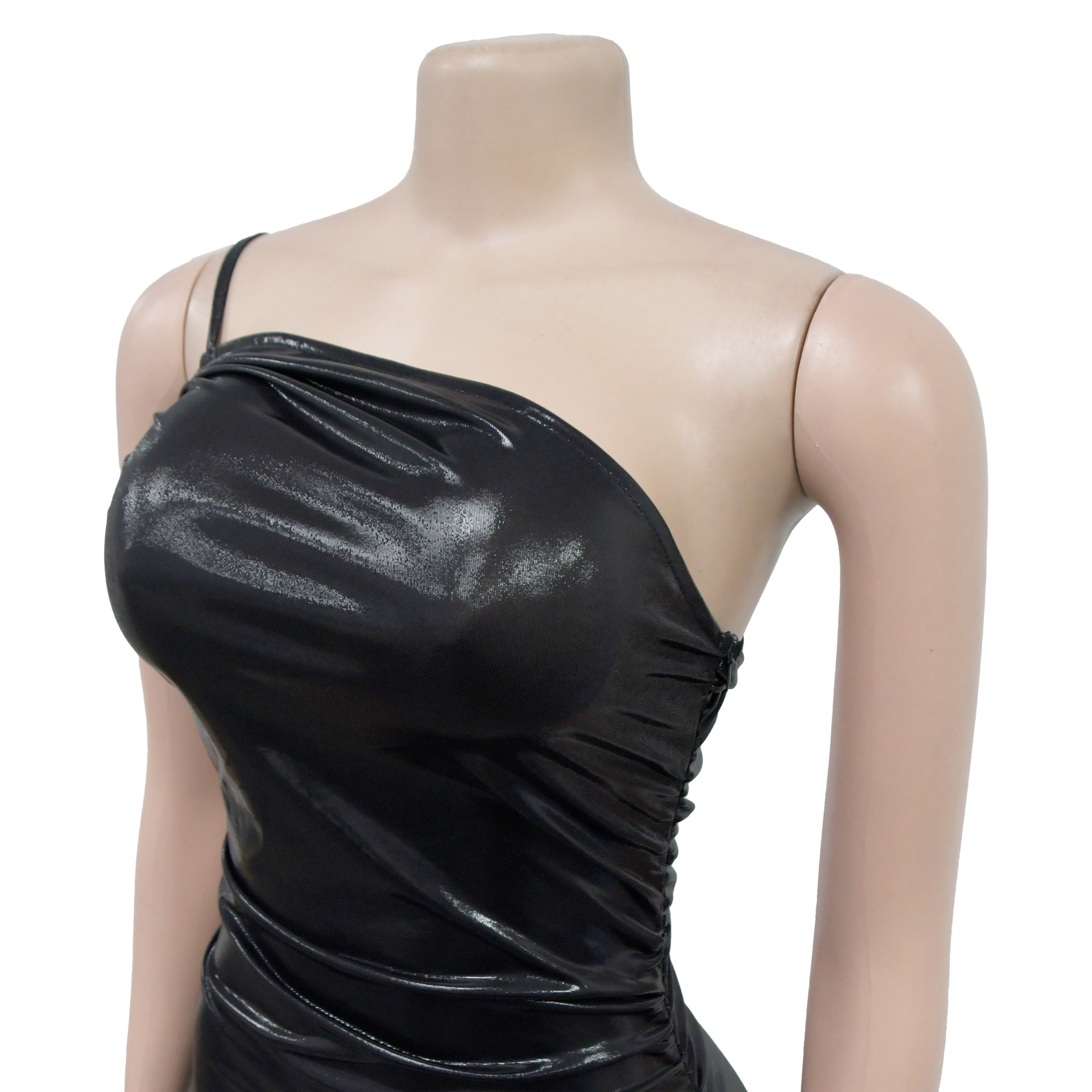 Metallic Coated Fabric Women Wear Solid Color Sexy Sling Diagonal Collar Pleating Dress