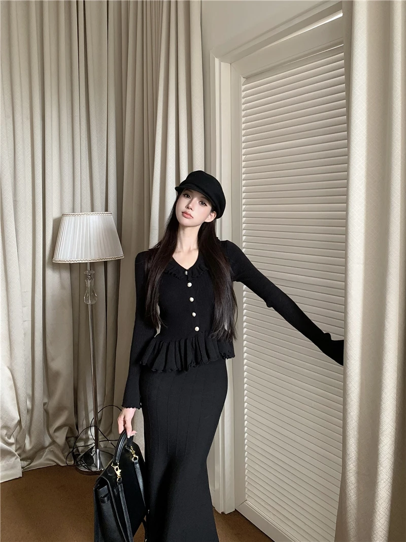 Autumn Winter Knitted 2-Piece Sets Women Ruffles Tops Bodycon Fishtail Skirt Slim Solid Knitwear Outfits Korean Fashion Suit