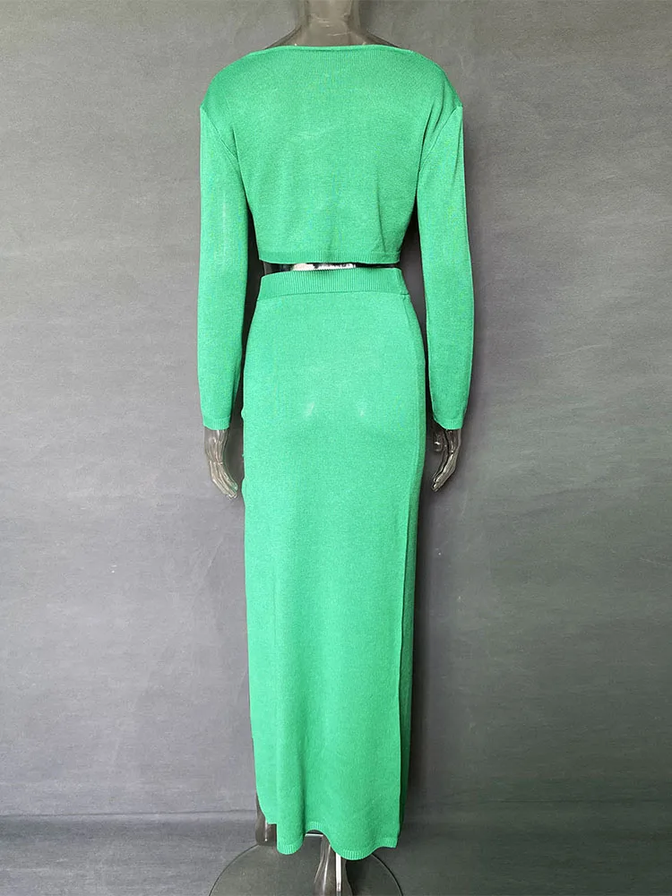 Knitted Cover Up 2 Piece Outfits Hollow Out Crochet Knitted Suit Party Dresses Women 2 Piece Matching Set with Midi Skirt