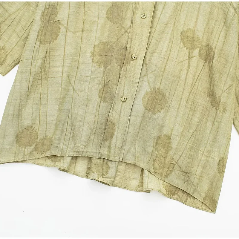 New Linen Tie-dye Print Long Pants Sets For Women Lapel Half Sleeve Single Breasted Shirts Drawstring Wide Leg Pant 2 Pieces Set