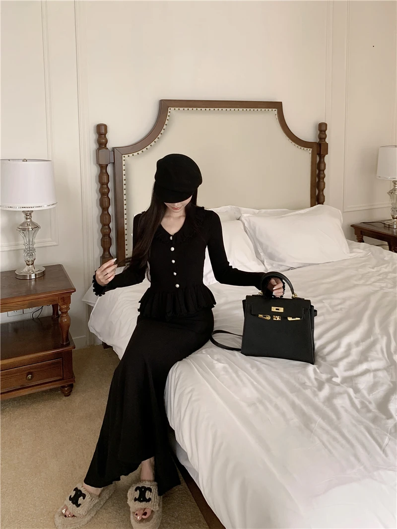 Autumn Winter Knitted 2-Piece Sets Women Ruffles Tops Bodycon Fishtail Skirt Slim Solid Knitwear Outfits Korean Fashion Suit