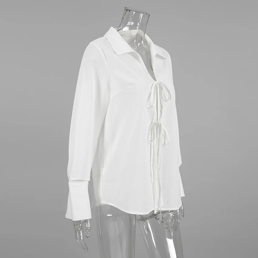 Women's Long Sleeve Shirt Hollow Lace Up Solid Color Casual Fashion Top Commuting Patchwork Women's Shirt Cardigan Top