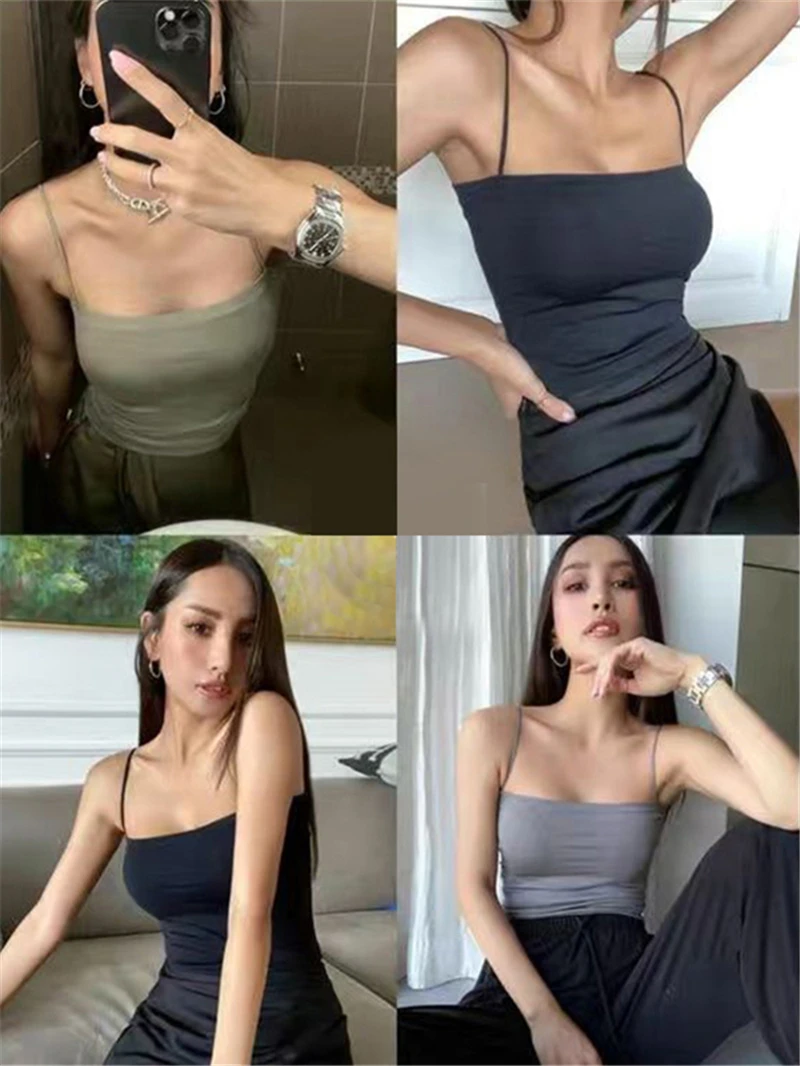 Basic Spaghetti Strap Tank Top Bra Summer White Tops For Women 2025 Backless Slim Sleeveless Camisole Cropped Bandeau Tops