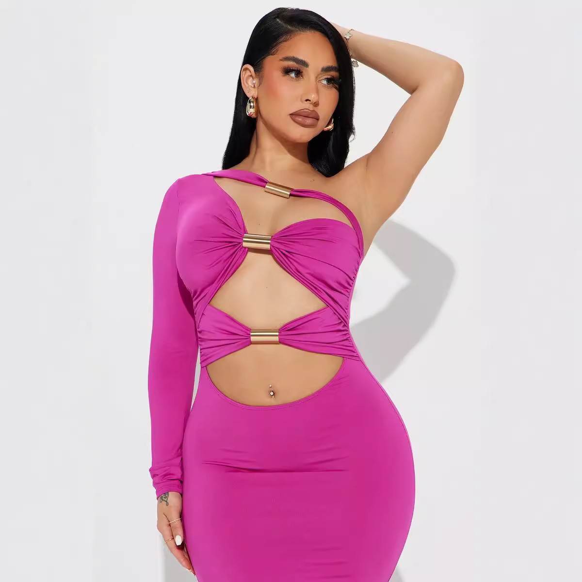 Women Clothing Sexy Cutout Metal Tube Slim Fit Maxi Dress Diagonal Collar Shoulder Sleeve Sheath Pencil Dress