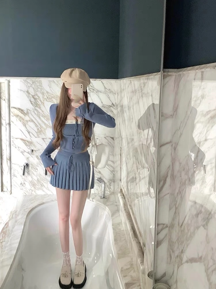 Solid Knitted Suit 3 Piece Set Woman Y2k Cropped Patchwork Vest + Slim Cardigan + Mini Pleated Skirt Autumn Korean Chic Outfits