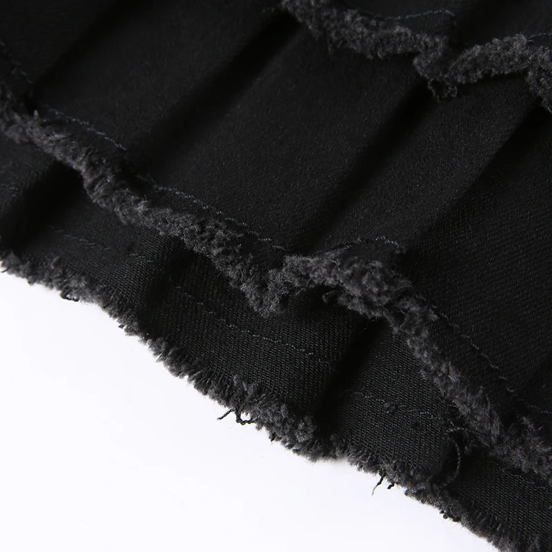 Punk Gothic Black Eyelet Ribbon Denim Skirt Women Low Waist Asymmetrical Tiered Pleated Short Jean Skirts Y2K