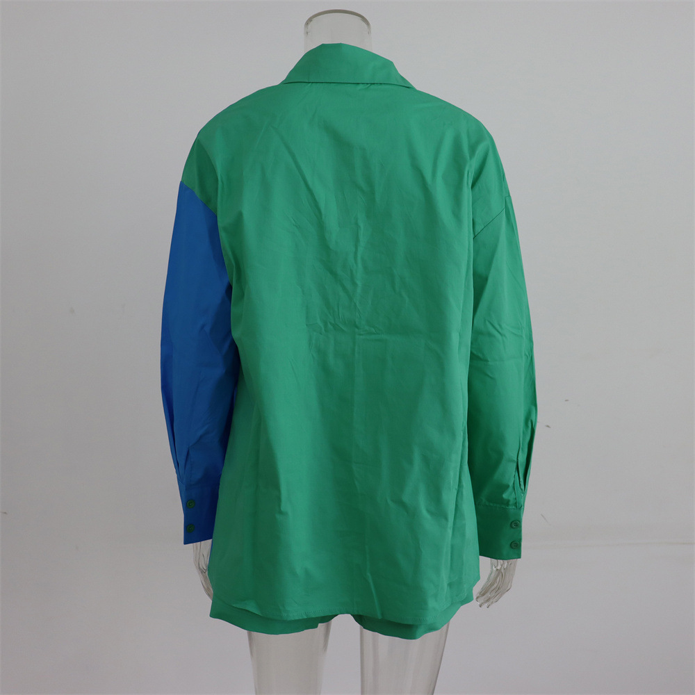Spring Summer Two Piece Set Solid Color Single Breasted Long Sleeve Collared Shirt Shorts Loose Casual Set