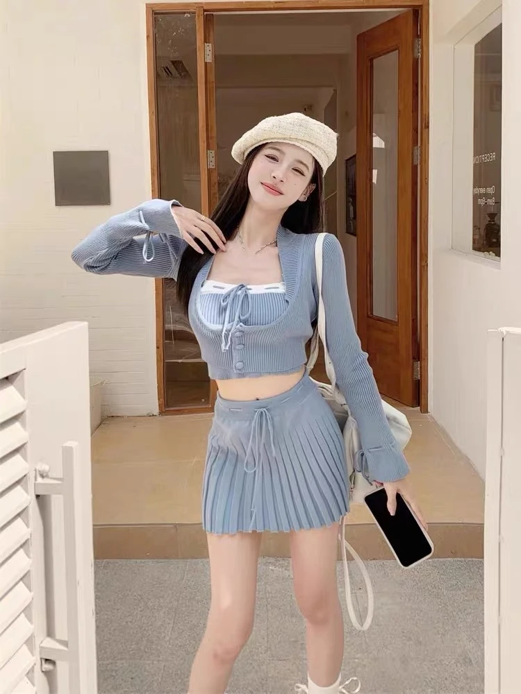 Solid Knitted Suit 3 Piece Set Woman Y2k Cropped Patchwork Vest + Slim Cardigan + Mini Pleated Skirt Autumn Korean Chic Outfits