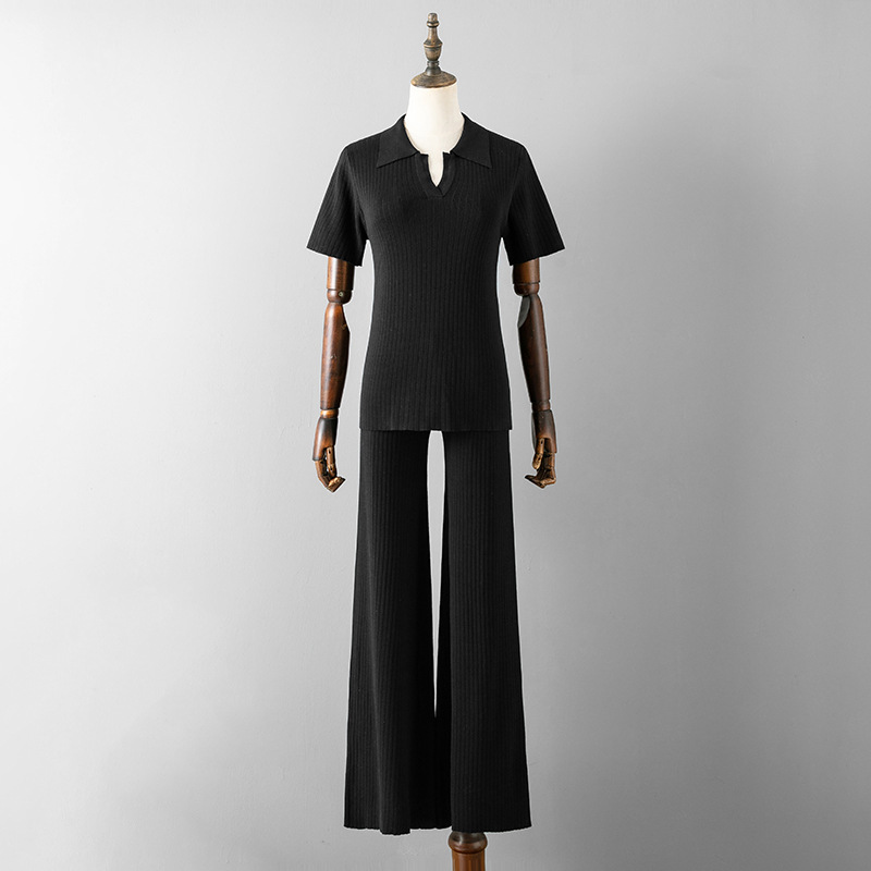 Women Clothing Polo Collar Pullover Short Sleeve Top Slimming Solid Color Wide Leg Trousers Knitted Suit