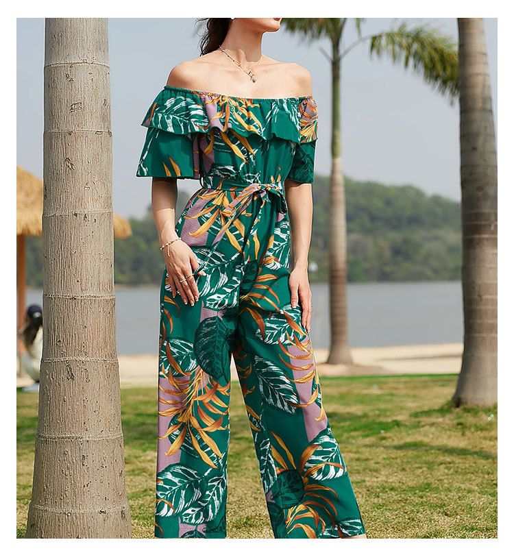 Women Clothing Fashion off-Shoulder Floral Jumpsuit Summer Short Sleeve Chiffon Vacation Beach Jumpsuit