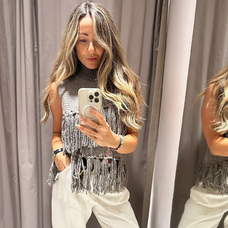 Street Tassel Knitted Vest Sweater For Women Half-high Collar Sleeveless Slim Fit Tank Top Female 2025 Spring Lady Soft Outwear