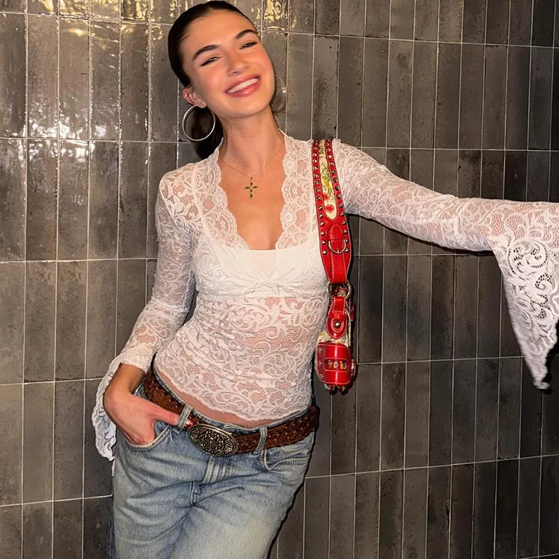 Lace See-Through Sexy Y2k Top T-shirt Women V-Neck Patchwork Hollow Out Fashion Cropped Top Night Club Clothes Crop top