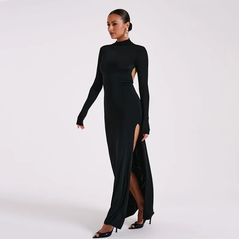 Side Slit Back Dress Women Sexy Backless Temperament Long Sleeve Dresses Lady Party Elegant Bodycon Evening Dress Woman