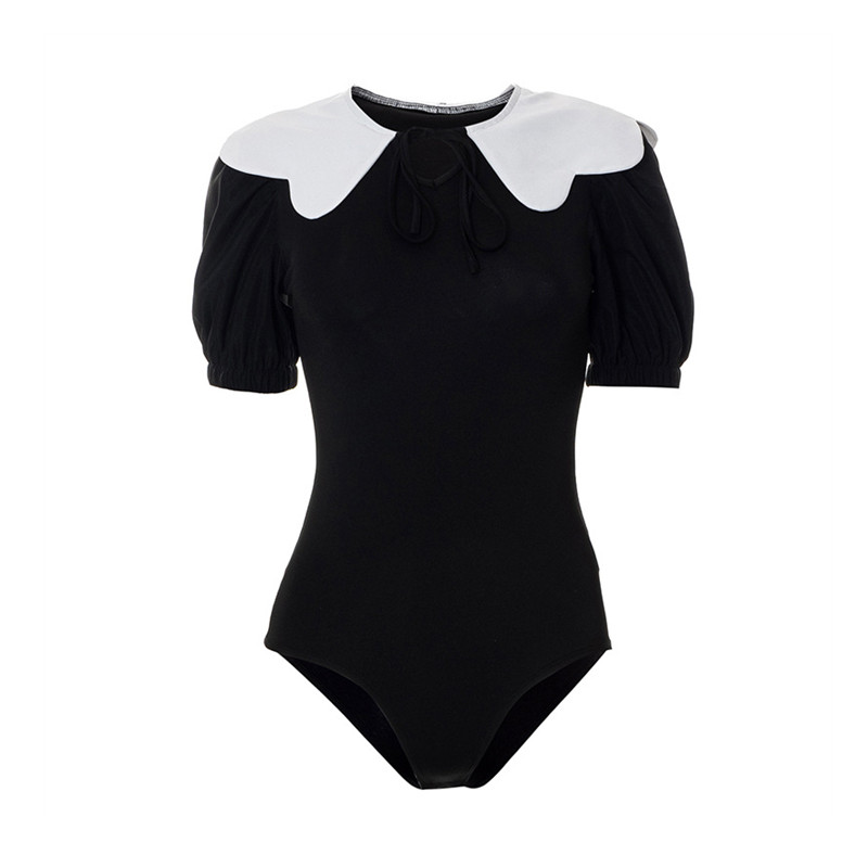One Piece Outfit with Ruffle Collar for Women, Sexy Bodysuit, Short Sleeve, Color Blocking Lingerie, Elegant Summer Clothes