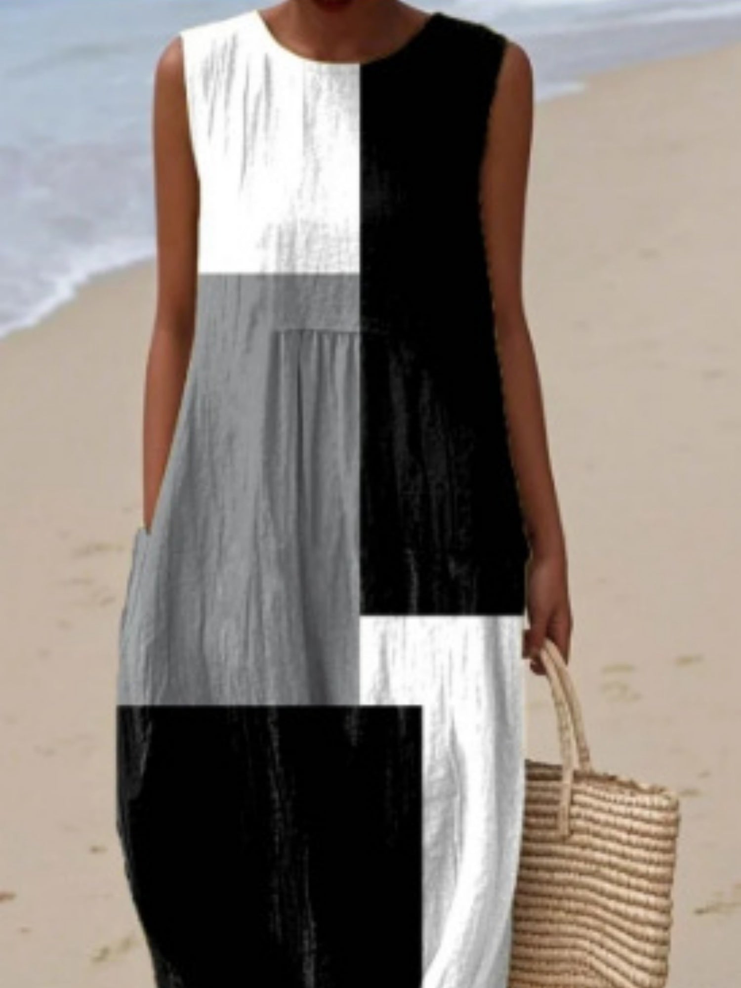 Printed Pocket Round Neck Sleeveless Maxi Dresses