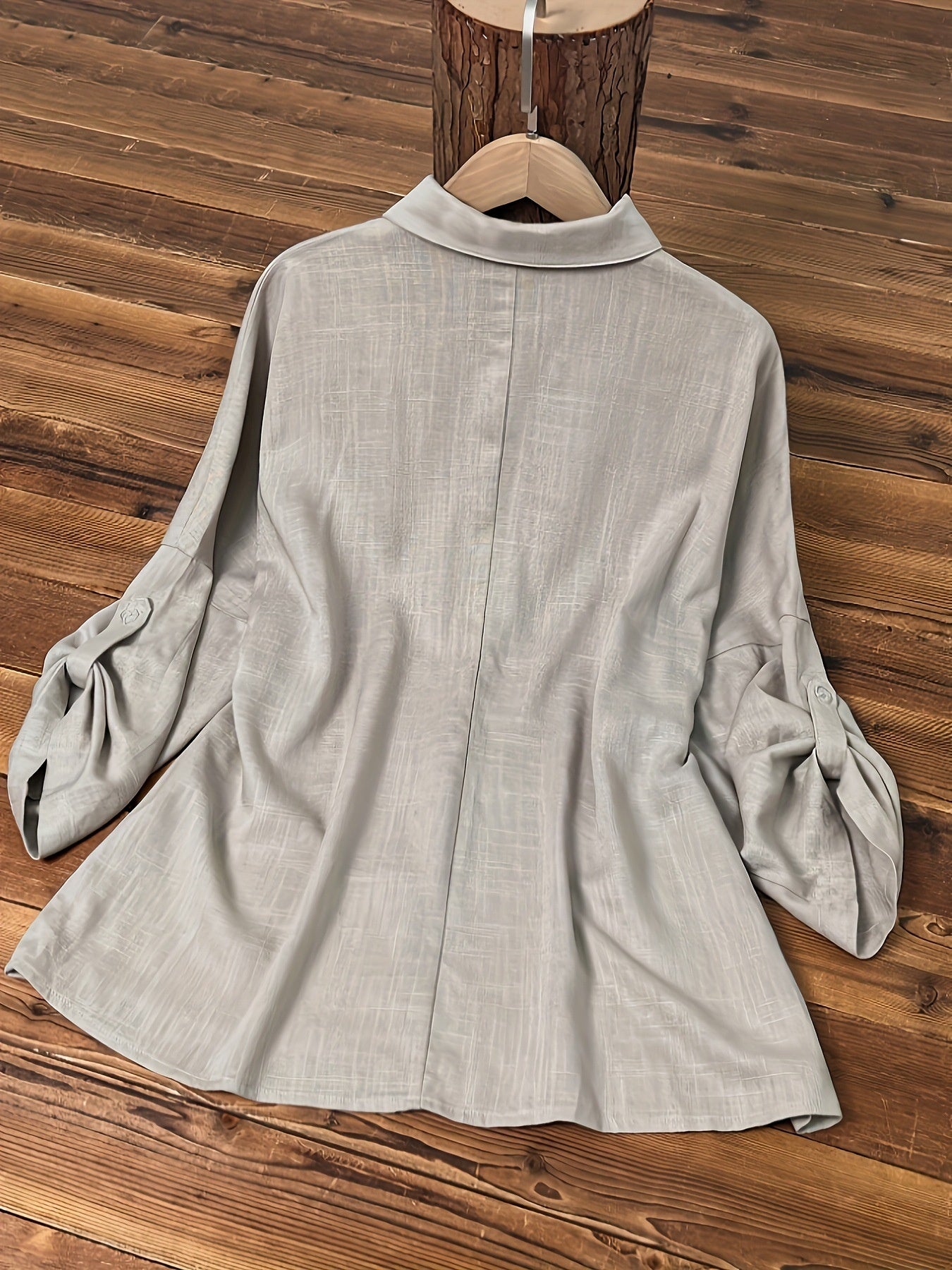 Three-quarter Sleeve Cotton Linen V-neck Loose Button T-shirt