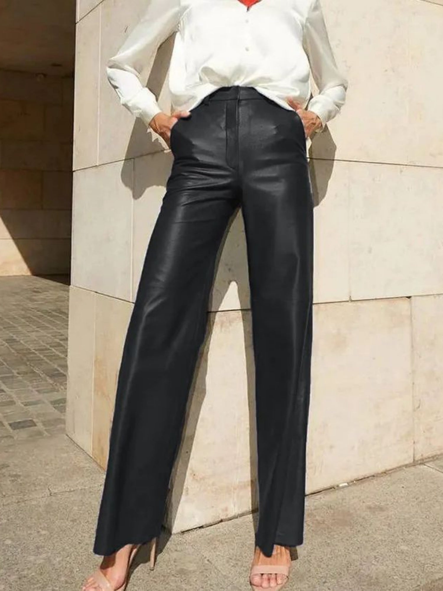 Leather Stitching High-waisted Hip Lift Straight-leg Pants Pants