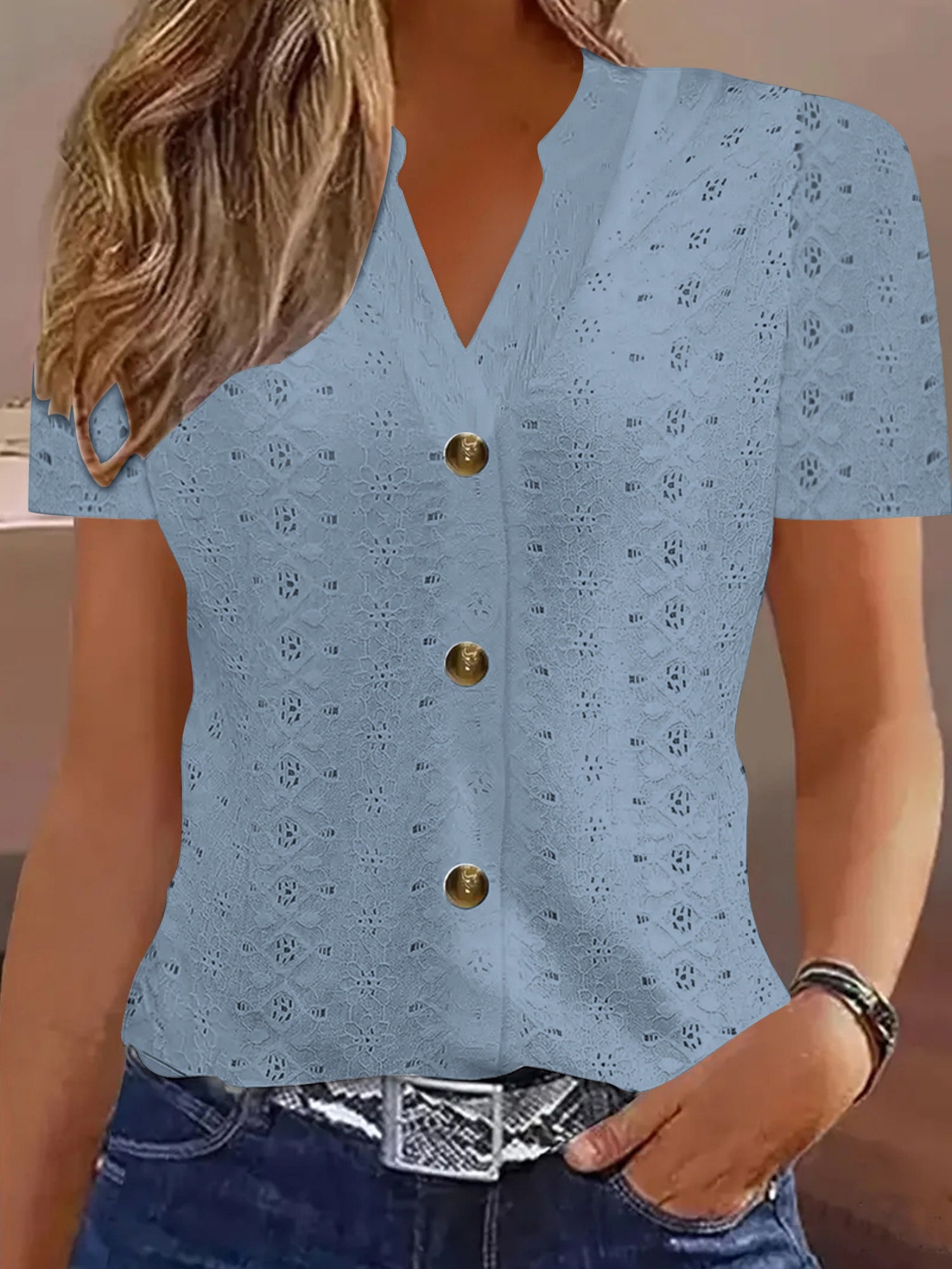 Knitting Buttons V-neck Short Sleeve T-shirts