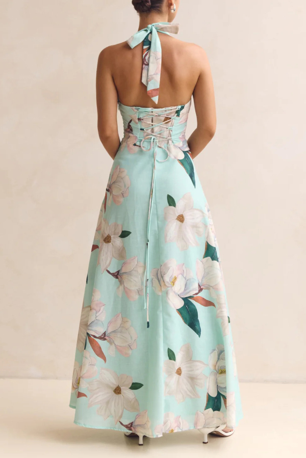 Floral Print V-neck Backless Tie-up Fitted Waist Elegant Maxi Dress