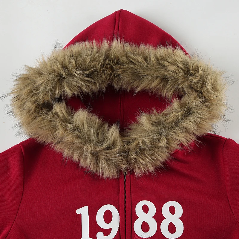 Y2K Fur Trim Hooded Sweatshirt Red Letter Print Zipper Coat with Pocket Women Streetwear Winter 90s Outwear Vintage