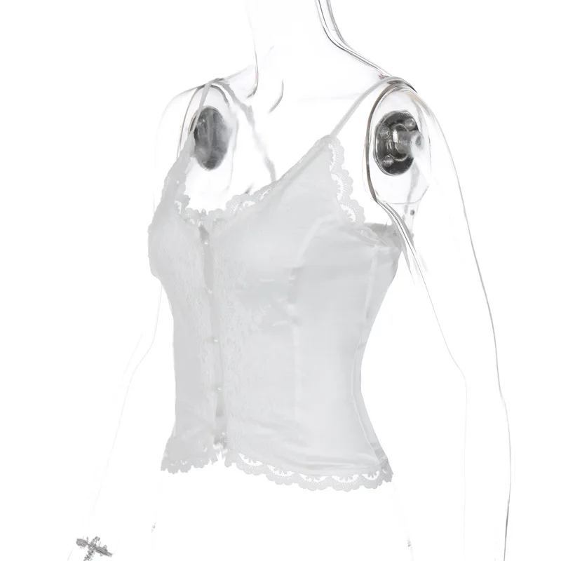 Lace Casual Female Camisole Y2k Top V-Neck High Waist Streetwear White Backless Patchwork See-Through Women Tank Top Vest