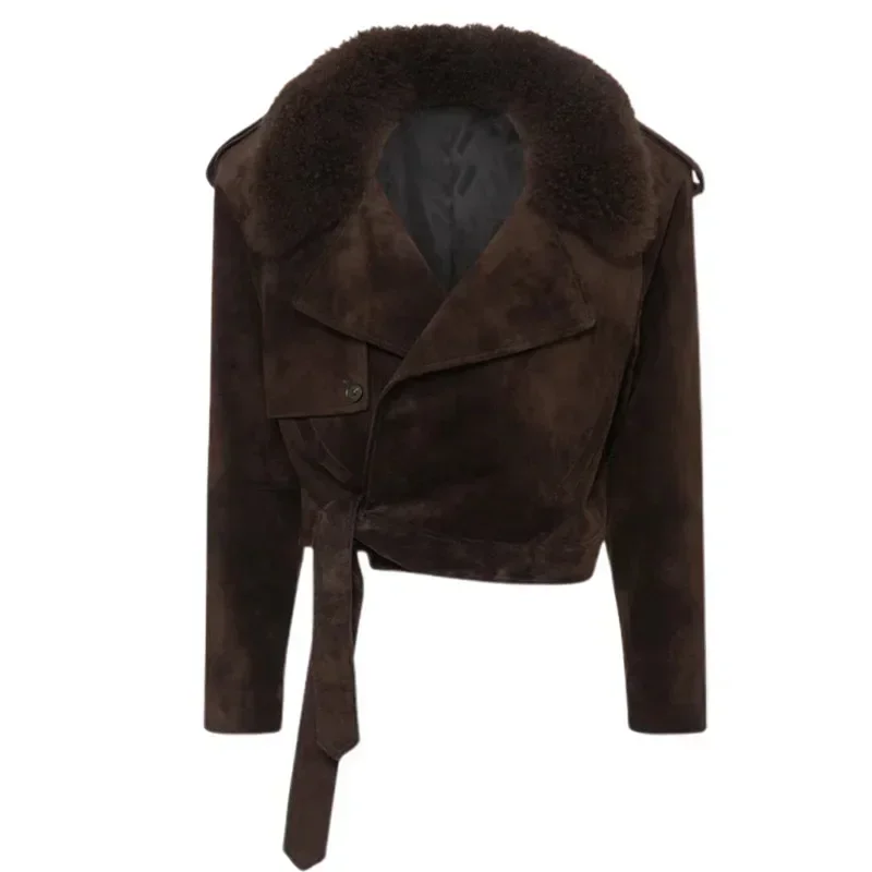 Vintage Cropped Suede Jacket Women Lapel Fur Collar Lace Up Long Sleeve Coat Female Winter Fashion Lady High Street Outwear