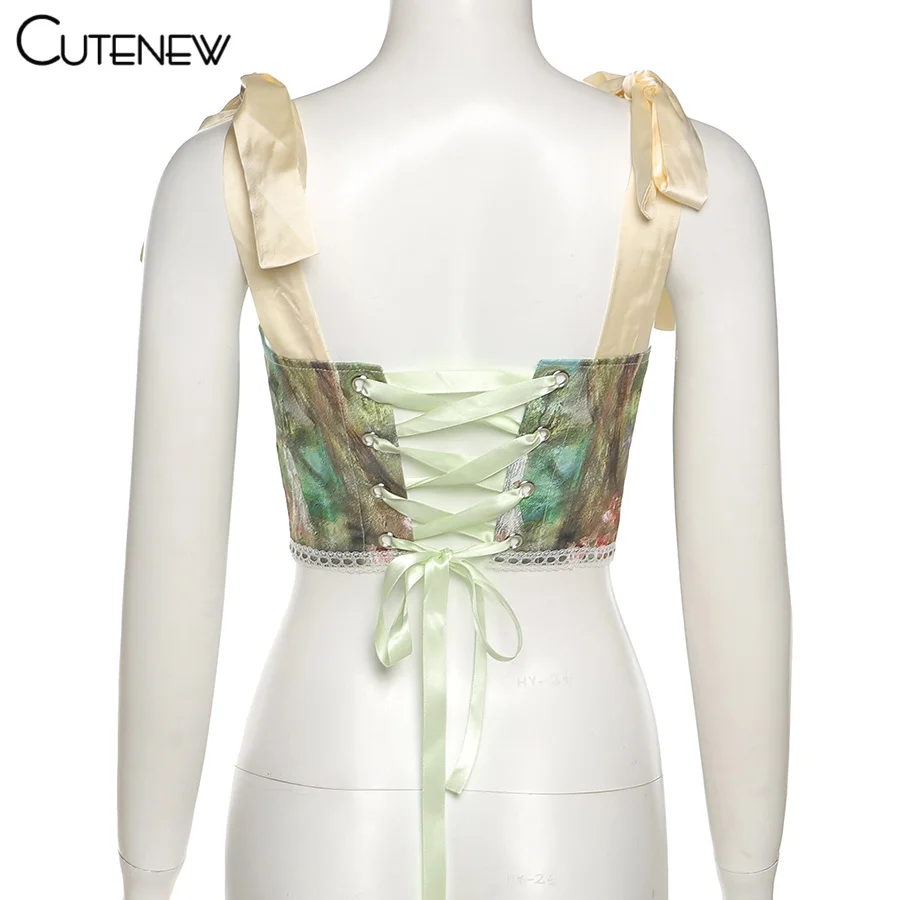 Y2K Vintage Aesthetic Printing Crop Tops Women's Clothes Summer Sexy Bandage Tank Top Skinny Clubwear Camisole Hot Deals