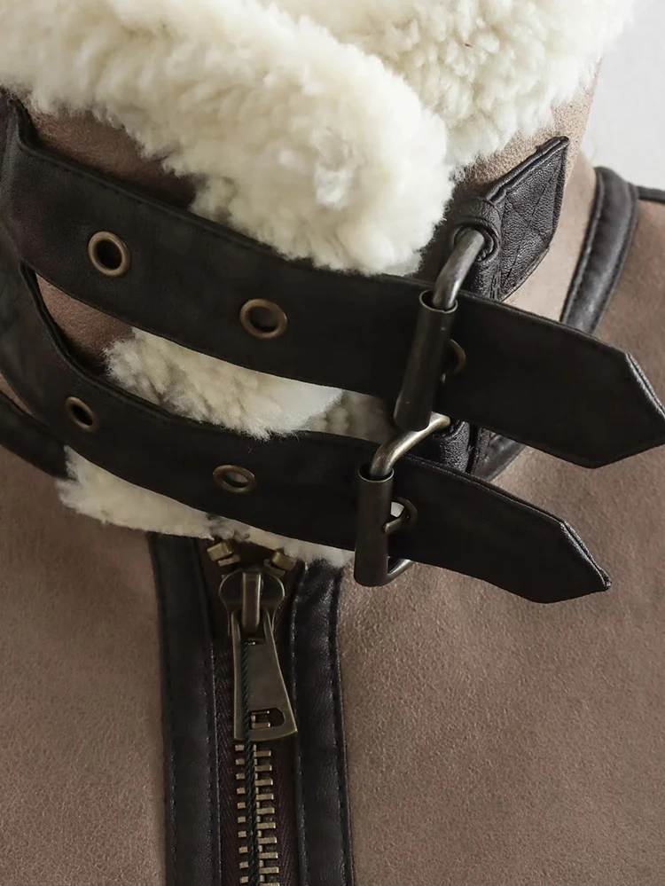 Suede Leather Thick Fleece Jacket Autumn Winter Women Splice Sleeveless Faux Shearling Jackets Vest Y2K Cardigans Coats