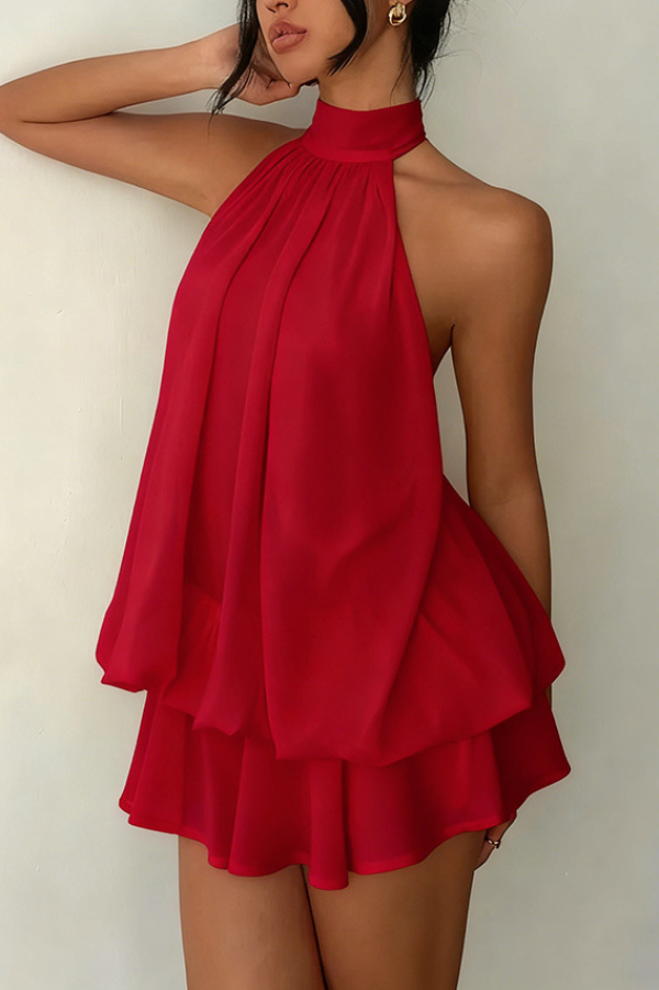 Fashionable Chiffon Halter Neck Backless Lace-up Casual Vacation Mini Dress