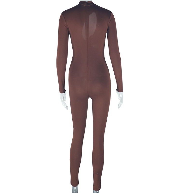 Elegant Women Wear Tight Fitting Solid Color Micro Elastic Jumpsuit Long Sleeved Trousers Hollow Out Cutout Mid Waist Thin Jumpsuit