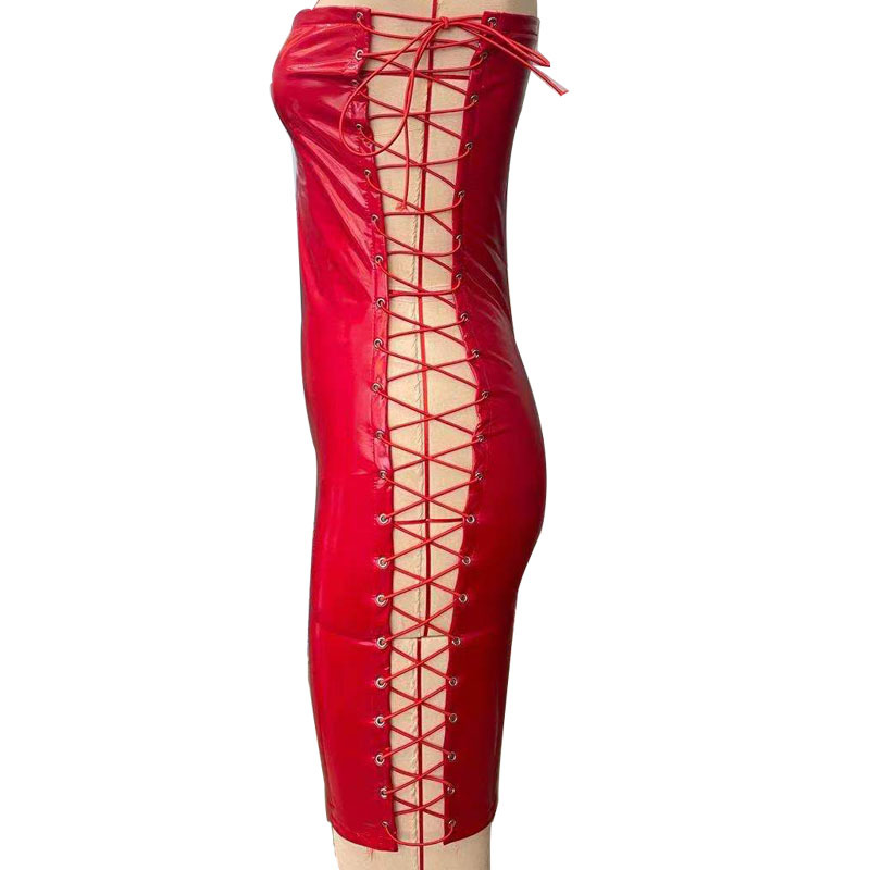 Women Leather Dress Popular Sexy Tight Chest-Wrapped Dress Corns Lace up Leather