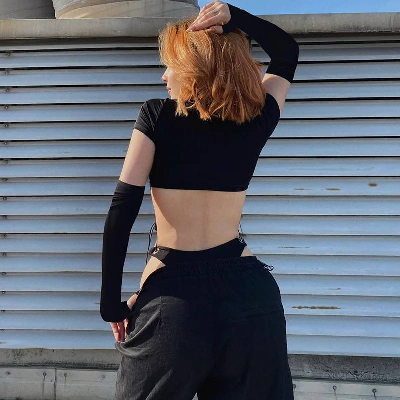 Short Sleeve Bodysuit, Mock Neck Women Y2k Clothes, Hollow Out One-Piece Body Feminino, Lace Up Club Outfits, Sexy Lingerie