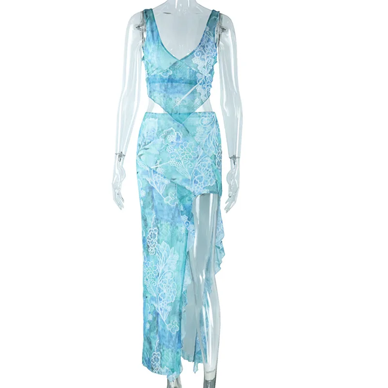 See-Through Printed 2 Piece-Set Women Lace-Up Backless Top And Maxi Skirt Sets Casual High Split Female Long Skirt Outfits