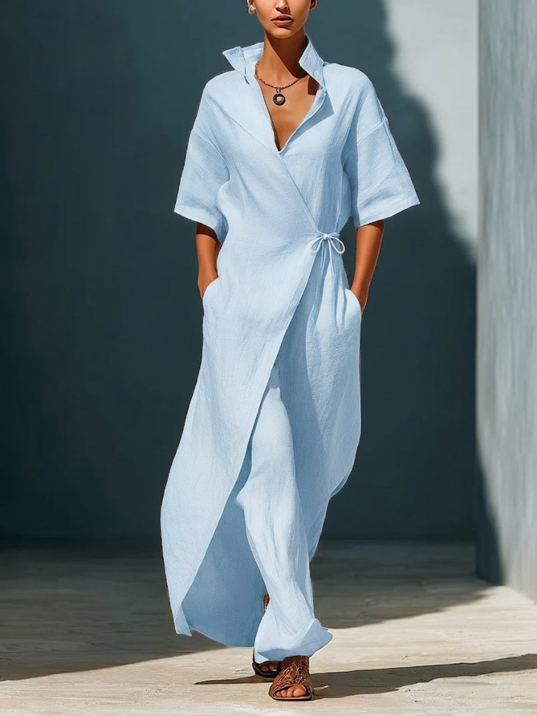 Casual V-neck Short-sleeved Tie-waist Solid Color Maxi Dresses