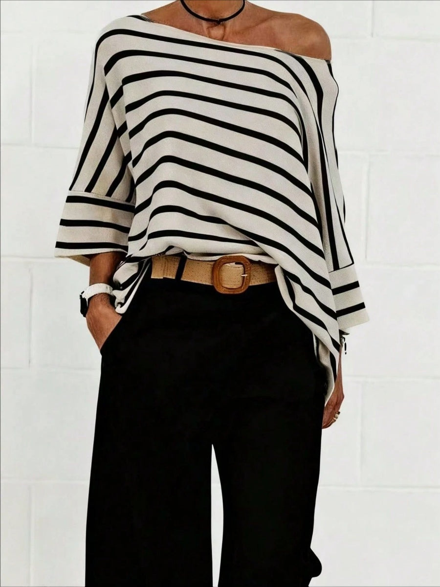 Off-shoulder Sloping Shoulders Loose-fit Stripes Commuting T-shirts