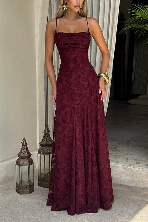 Spaghetti Strap Backless Lace-up Jacquard Maxi Dress