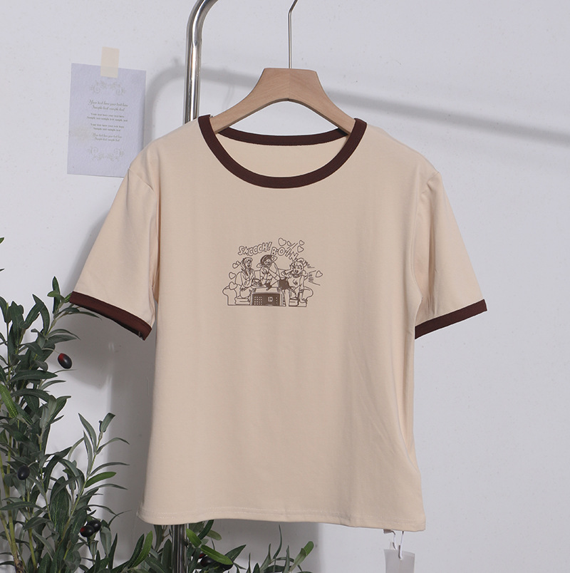 Real Shot Loose Slimming Printed round Neck Contrast Color Short Sleeve Casual Bottoming Shirt Top T shirt