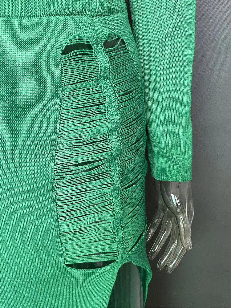 Knitted Cover Up 2 Piece Outfits Hollow Out Crochet Knitted Suit Party Dresses Women 2 Piece Matching Set with Midi Skirt