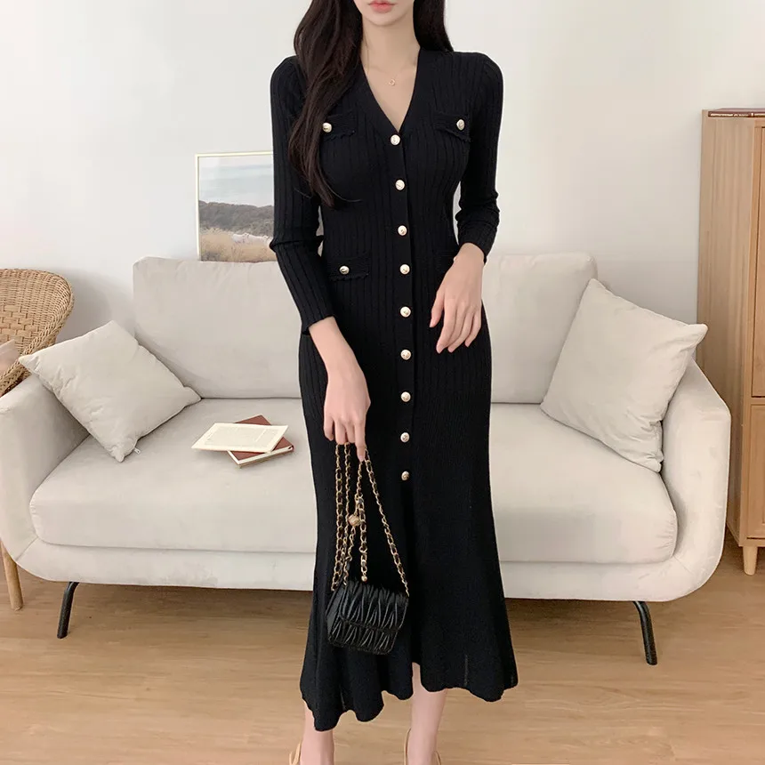 Korean Chic Knitted Dresses for Women V-neck Long Sleeve Slim Bodycon Ruffles Party Dress Casual Autumn Winter New Vestidos