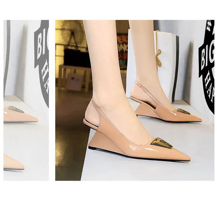 Patent Leather High Heels Wedges Shoes Lady Trendy Pumps Pointed Toe Hollow Back Strap 6.5 Cm Women Sandals White Heels Shoes
