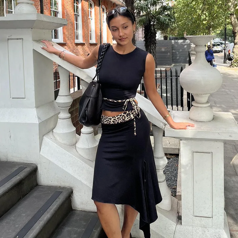 Fashion Double Wear Skirt Suit Female Leopard Print Lace Up Sleeveless Vest Irregular Splice Skirt Two Pieces Set Women's