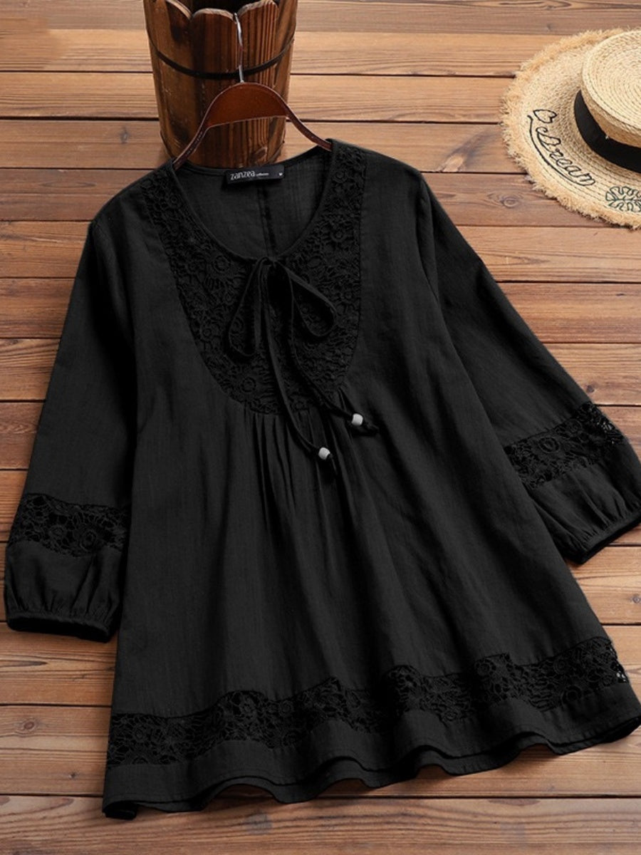 Tie-up Cotton And Linen Patchwork Lace Three-quarter Sleeve T-shirt